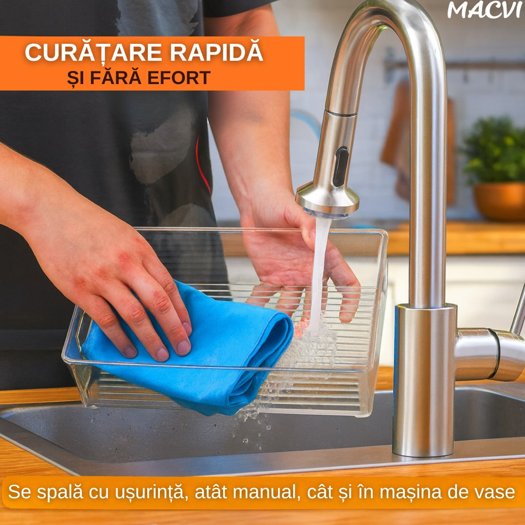 Set 12 organizatoare Macvi® pentru frigider, ABS durabil, fara BPA, stocabile, cu manere integrate, 26×15 cm, transparente