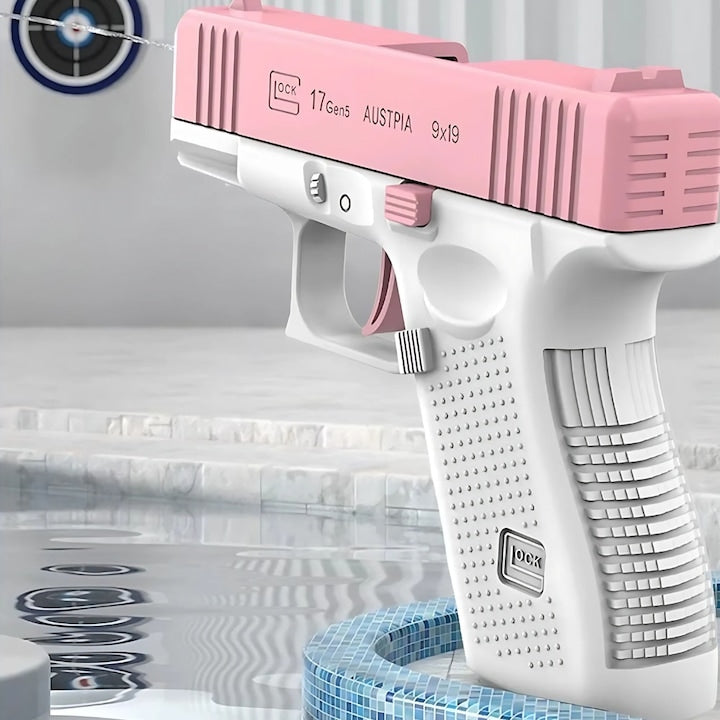 Pistol cu apa copii Macvi®, alb cu roz, actionare manuala, jucarie vara exterior, dezvoltare dexteritate, 11.5 x 10 x 2.5 cm