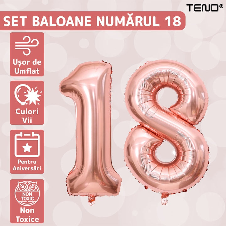 Set 2 Baloane Cifra 18 Teno®, pentru Petreceri/Aniversari/Evenimente/Majorate, 105 cm, rose gold