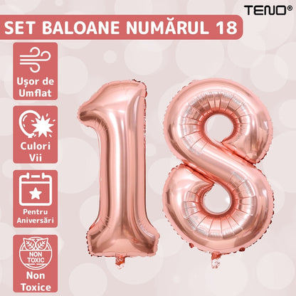 Set 2 Baloane Cifra 18 Teno®, pentru Petreceri/Aniversari/Evenimente/Majorate, 105 cm, rose gold