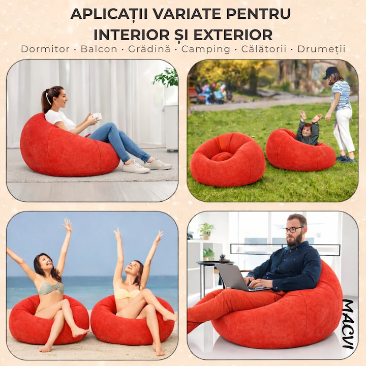 Fotoliu Gonflabil Macvi® Lazy Bag cu pompa inclusa, 110x110x85 cm, Confort Maxim, Portabila, pentru Interior si Exterior, Culoare Rosu