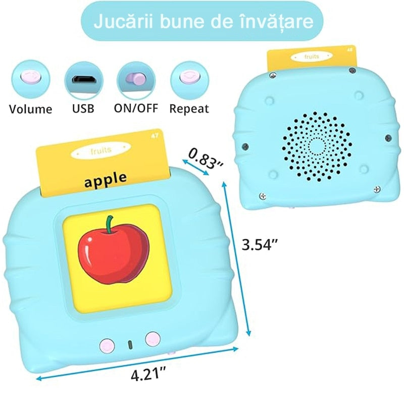 Jucarie educativa Montessori Macvi® masina de invatare limba engleza cu cititor carduri flash 112 carduri 224 cuvinte sunete interactive incarcare MicroUSB albastru 2 ani+