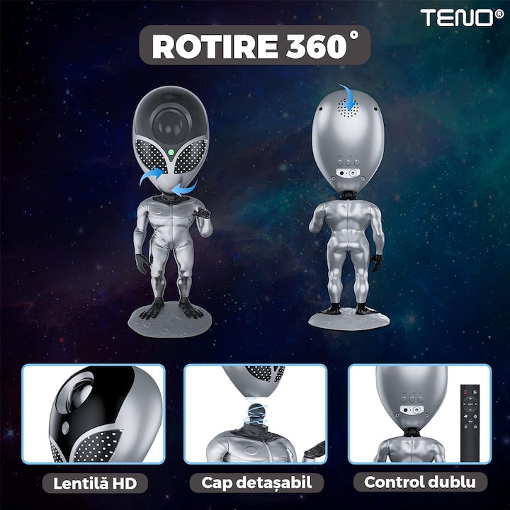 Proiector de Lumini Teno®, tip extraterestru, cu telecomanda si timer pentru durata de iluminare, 8 moduri de proiectie, rotire 360 de grade, ajustare luminozitate, gri
