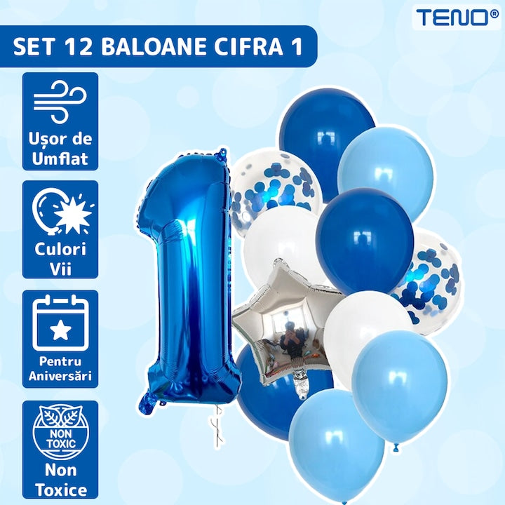 Set 12 Baloane Teno®, Cifra 1, pentru Petreceri/Aniversari/Evenimente, Stea/Rotunde/Confetti, 3 culori, latex, albastru