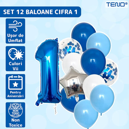 Set 12 Baloane Teno®, Cifra 1, pentru Petreceri/Aniversari/Evenimente, Stea/Rotunde/Confetti, 3 culori, latex, albastru