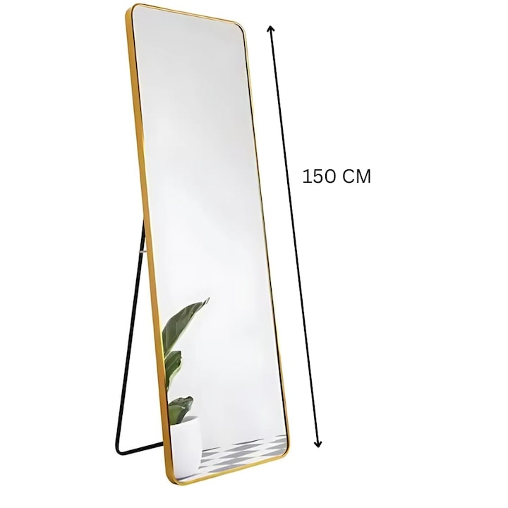 Oglinda de podea Macvi®, rama metalica gold, 150 x 40 cm, colturi rotunjite, eleganta, moderna, montare podea sau perete
