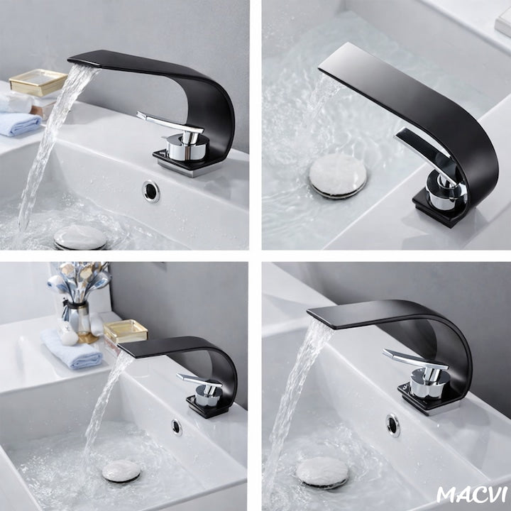 Robinet baie Macvi® tip cascada din alama inaltime 13 cm conexiune 3/8 montaj chiuveta design modern, negru mat