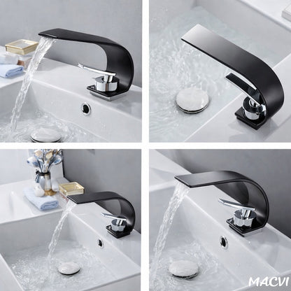 Robinet baie Macvi® tip cascada din alama inaltime 13 cm conexiune 3/8 montaj chiuveta design modern, negru mat