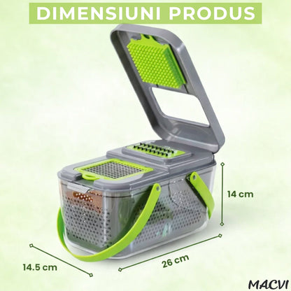 Razatoare multifunctionala Macvi® profesionala 22 piese cu lame inox si recipient colector tocator feliator pentru legume fructe si branzeturi gri verde