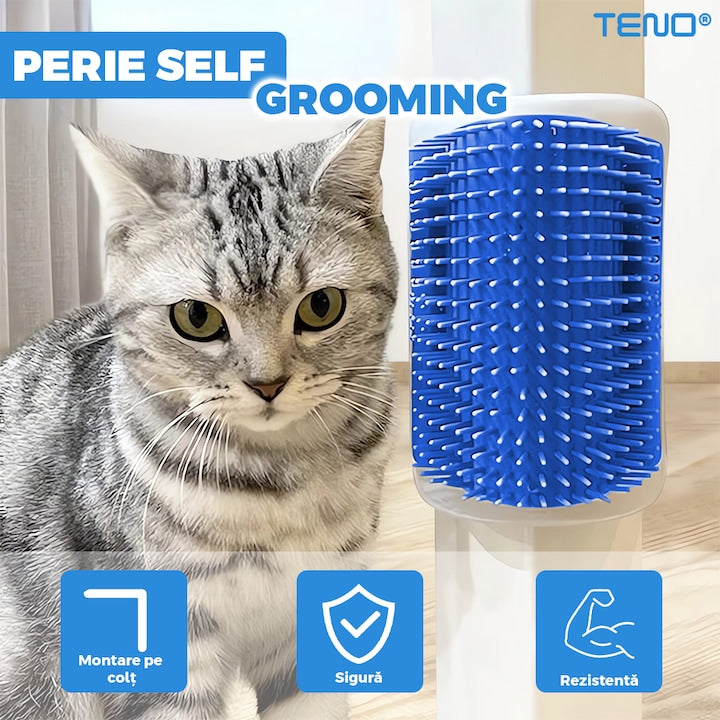 Perie de Colt pentru Pisici Teno®, materiale sigure, montare usoara, self-grooming, recipient pentru iarba pisicii, design curbat, 13 x 8.5 cm, albastru