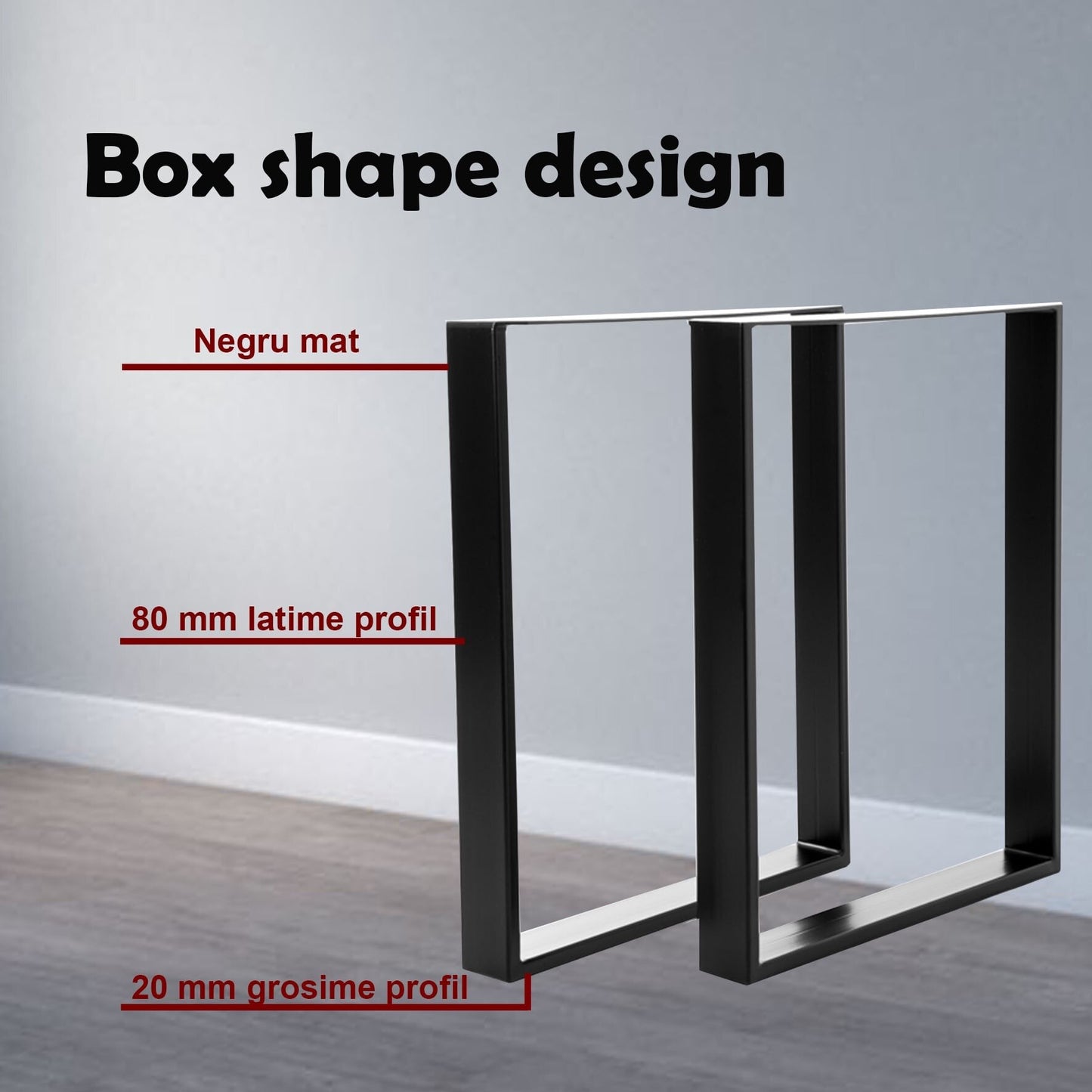 Set 2 Picioare Masa Macvi®, Profil Lat 80 mm, Metal Negru, 72x60x8 cm, Vopsire Electrostatica Premium, Design Industrial