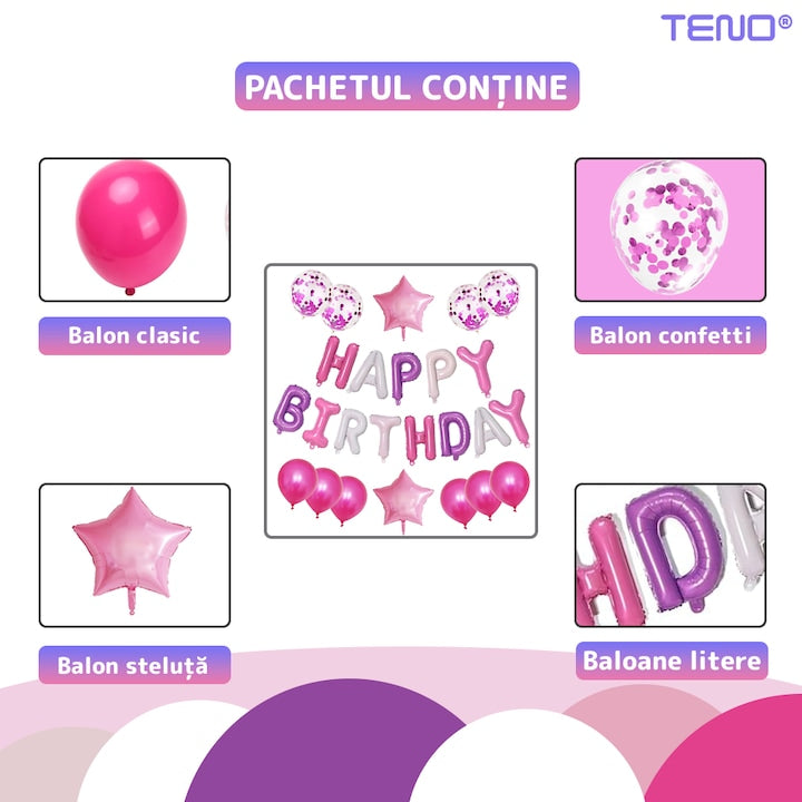 Set 25 Baloane Teno®, Litere, pentru Petreceri/Aniversari/Evenimente, confetti, stelute, model HAPPY BIRTHDAY, roz/mov/alb