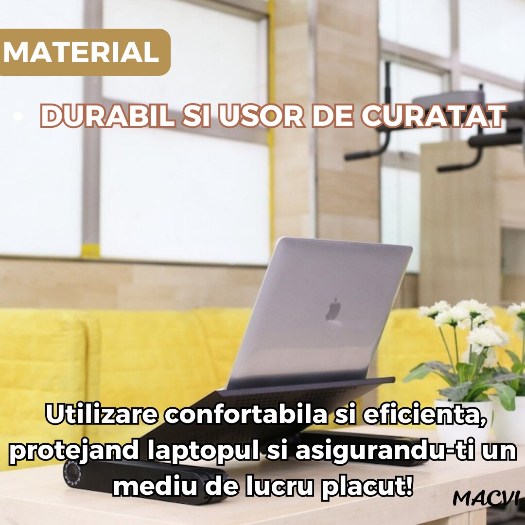 Masa Laptop Multifunctionala Macvi® T8 cu Picioare Reglabile, Cooler Integrat cu 2 Ventilatoare, 42 cm x 26 cm, Negru