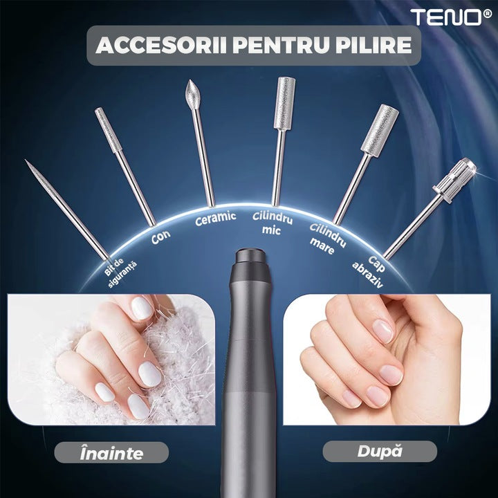 Pila Electrica Profesionala pentru Unghii Teno®, freza wireless, 20000 RPM, indicator LED, manichiura-pedichiura, 6 capete pentru pila, 60 benzi de slefurie, portabila, gri