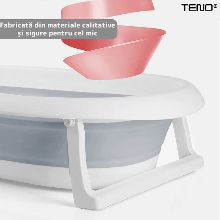 Cadita cu Pernuta pentru Bebelusi Teno®, termometru digital incorporat, pliabila, dop de scurgere, picioare anti-alunecare, design ergonomic, 75 x 45 x 22 cm, gri cu stelute