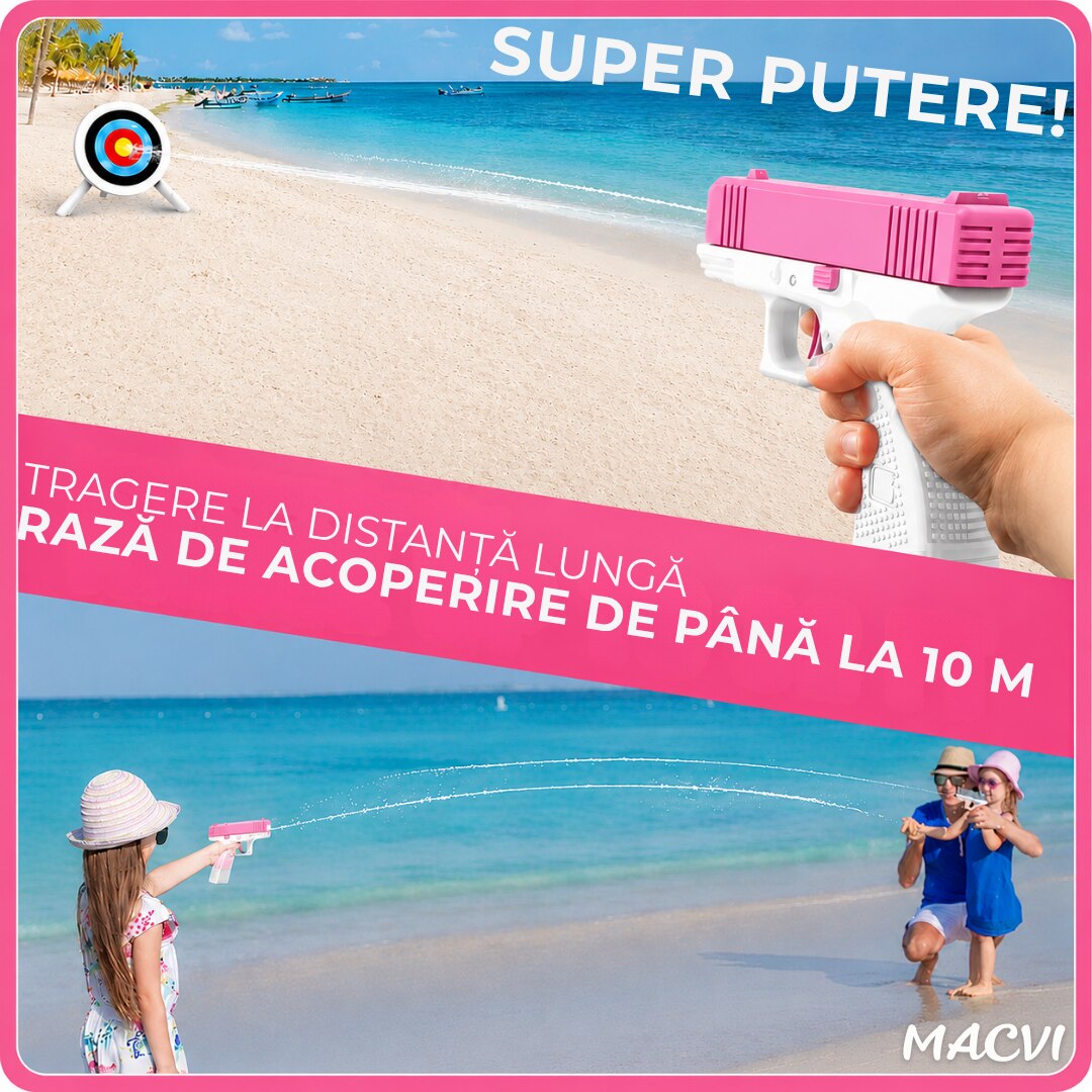 Pistol cu apa copii Macvi®, alb cu roz, actionare manuala, jucarie vara exterior, dezvoltare dexteritate, 11.5 x 10 x 2.5 cm