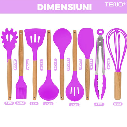 Set Ustensile Bucatarie 12 Piese Silicon Alimentar Teno®, termorezistente, antiaderente, sigure, suport inclus, mov
