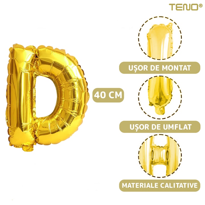Balon in Forma de Litera D Teno®, metalizat, pentru Petreceri/Aniversari/Evenimente, rezistent, folie, gold, 40 cm