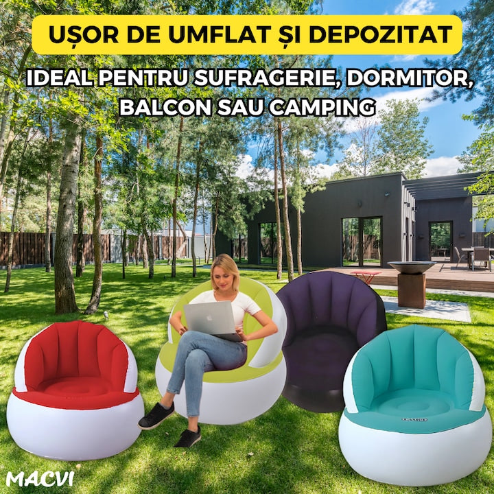 Scaun gonflabil confortabil cu pompa inclusa, design modern, dimensiuni 85x70 cm, ideal pentru interior si exterior, Mov