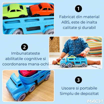 Set Camion Trailer cu 3 Masinute, MACVI, Albastru, Plastic, 3 ani