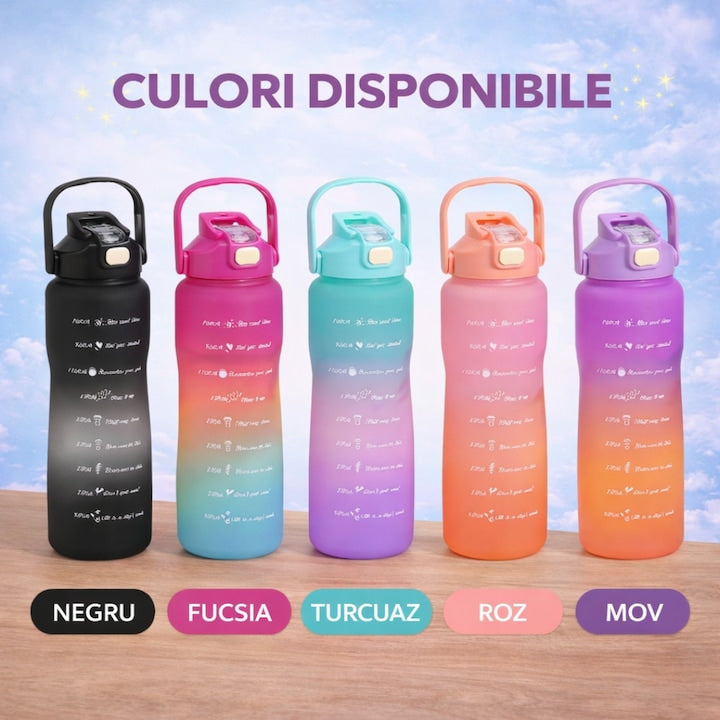 Set 3 Sticle de Apa Motivationale TENO®, 2000ml + 900ml + 300ml, Tritan fara BPA, Pai inclus, Deschidere automata, mov