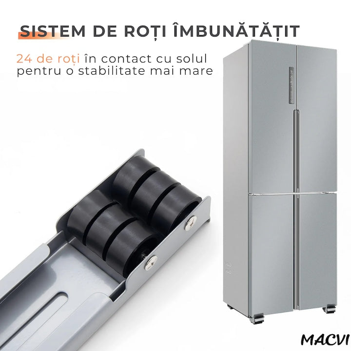 Dispozitiv Cu Roti Macvi® pentru Mutare Frigider si Electrocasnice, Suport Mobil Extensibil din Metal 45-70 cm, Roti Duble Rezistente, Sistem Anti-alunecare