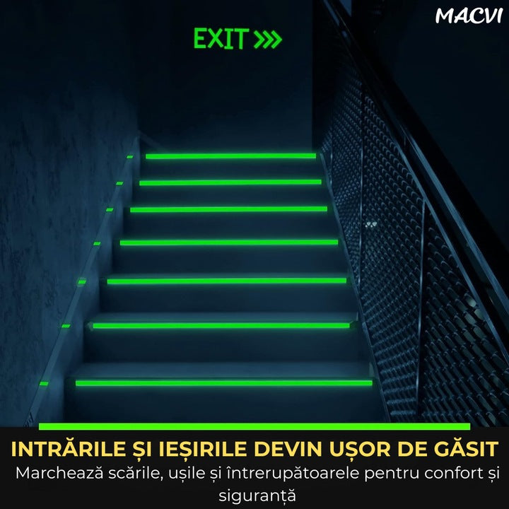 Banda Fosforescenta Autoadeziva Macvi® 2cm x 5m, Fotoluminiscenta, Incarcare cu Lumina, Vizibila pana la 8 Ore, Banda Siguranta Marcaj, Decor Interior/ Exterior
