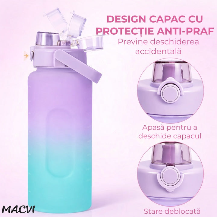 Bidon fitness Macvi® de apa 2L multicolor, plastic PC fara BPA, cu duza, maner si inscriptii motivante, etansa cu garnitura siliconica