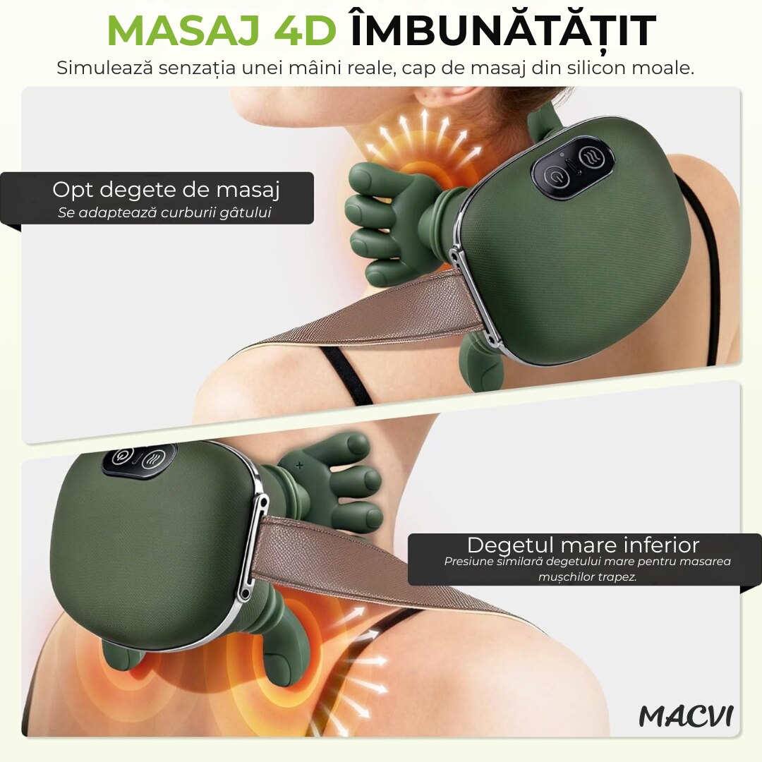 Aparat Masaj Gat si Umeri 4D Macvi® cu Incalzire 3 Intensitati Masaj Cervical Bionic Terapie Termica Simulare Masaj Maini Ameliorare Durere Gat Umeri Relaxare Musculara