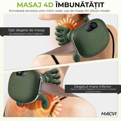 Aparat Masaj Gat si Umeri 4D Macvi® cu Incalzire 3 Intensitati Masaj Cervical Bionic Terapie Termica Simulare Masaj Maini Ameliorare Durere Gat Umeri Relaxare Musculara