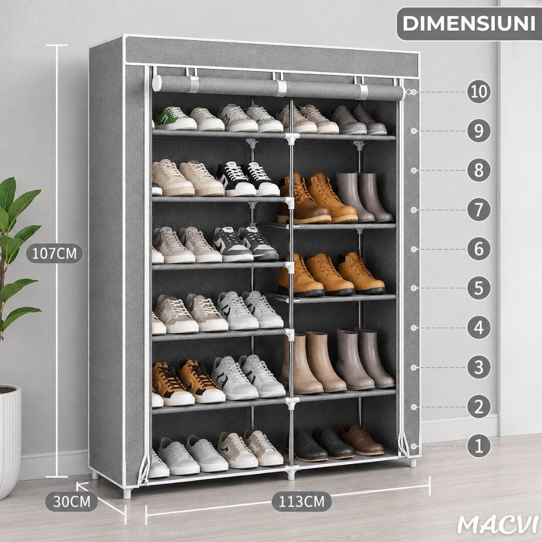 Dulap Pantofi Macvi®, Pantofar din Material Textil cu fermoar, Gri, 113x30x107 cm, usor de asamblat, cadru metalic