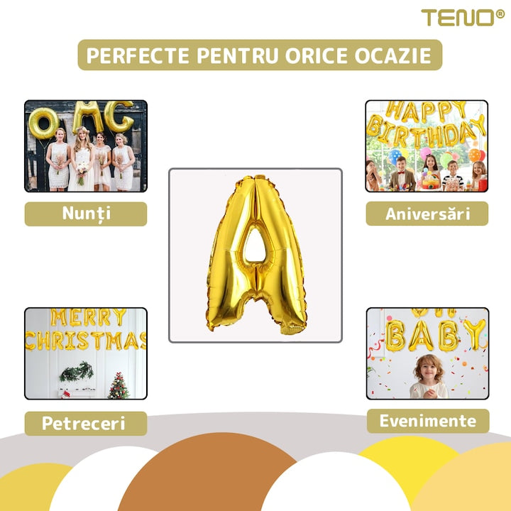 Balon in Forma de Litera A Teno®, metalizat, pentru Petreceri/Aniversari/Evenimente, rezistent, folie, gold, 40 cm