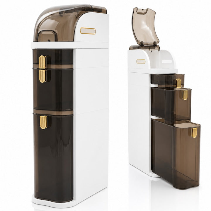 Dulap Mobil Organizator Macvi®, 4 Sertare, 78× 18 × 41cm, Organizator Vertical Ultra-Slim cu Suport pentru Hartie Igienica, PVC Rezistent, Alb