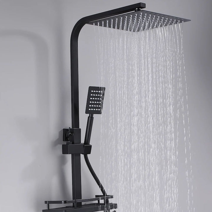 Coloana de dus Macvi®, 25x25 cm, negru mat, 3 functii apa, baterie monocomanda, montare perete, para dus mare, furtun 150 cm
