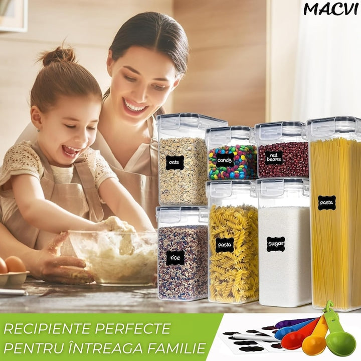 Set 7 organizatoare/recipiente Macvi® pentru depozitare alimente, etichete incluse, organizare bucatarie, capac etans, plastic fara BPA