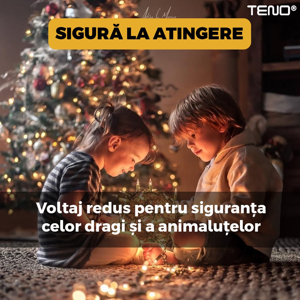 Instalatie de Craciun Liniara cu Panou Solar Teno®, 10 m, 8 jocuri de lumini, alimentare la priza, fir verde, interior/exterior, rezistenta la apa, 100 LED-uri, alb cald