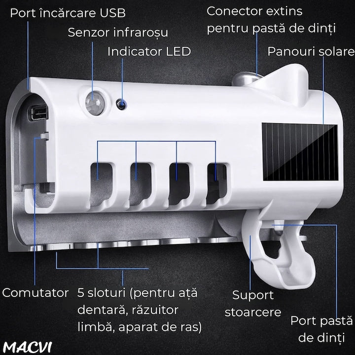 Suport si Dozator Macvi® pentru Periute si Pasta de Dinti cu Sterilizare Antibacteriana UV, Design Compact si Elegant