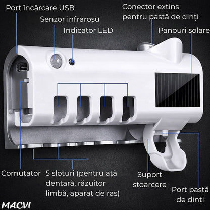 Suport si Dozator Macvi® pentru Periute si Pasta de Dinti cu Sterilizare Antibacteriana UV, Design Compact si Elegant