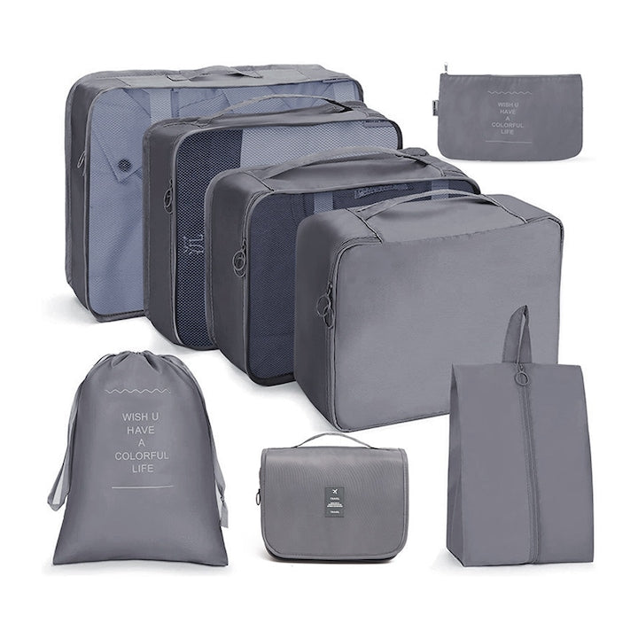 Set 8 Organizatoare Teno®, pentru calatorie, diferite marimi, 3 genti cu plasa, 1 geanta pentru lenjerie, geanta pentru cosmetice, sac pentru hainele murdare, inchidere cu fermoar dublu, plasa, gri