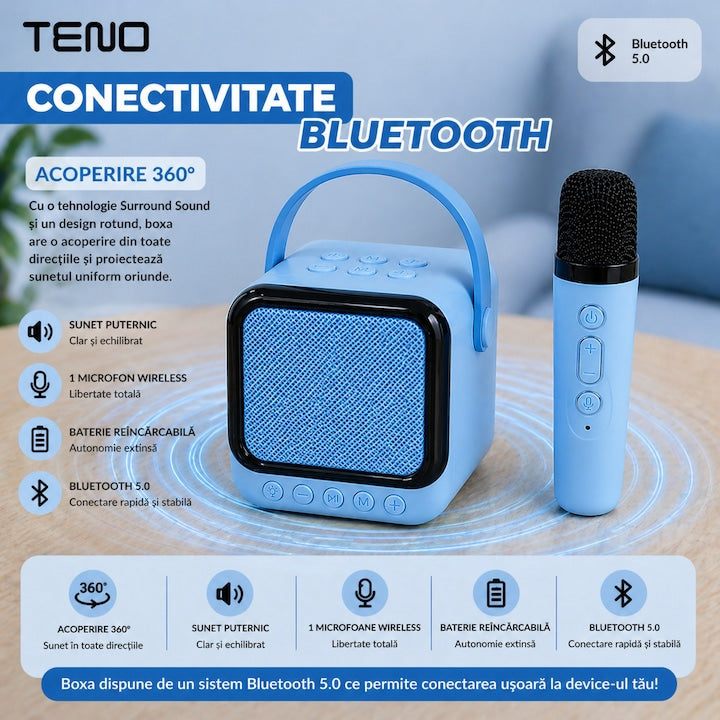 Boxa Portabila Teno®, Karaoke, 1 microfon wireless, RBG, Albastru deschis