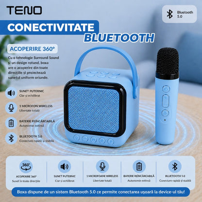 Boxa Portabila Teno®, Karaoke, 1 microfon wireless, RBG, Albastru deschis