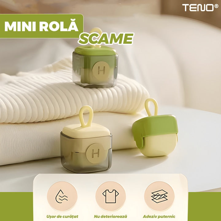 Mini Rola Scame Teno®, reutilizabila prin spalare, silicon lavabil, indepartare scame/par animale/praf, pentru mobilier/haine, compacta, 4.5 x 4.5 cm, verde/crem