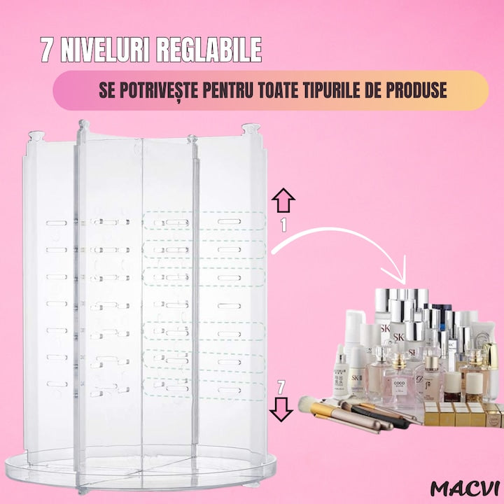 Organizator Cosmetice Rotativ Macvi® 360°, Design Reglabil, 9 Compartimente Spatioase, Montare Rapida, Ideal pentru Machiaj si Produse de Ingrijire