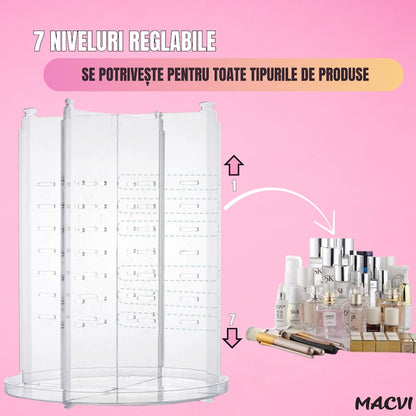 Organizator Cosmetice Rotativ Macvi® 360°, Design Reglabil, 9 Compartimente Spatioase, Montare Rapida, Ideal pentru Machiaj si Produse de Ingrijire