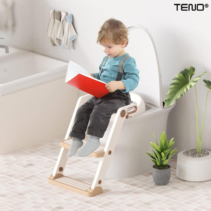 Reductor WC cu Scara Teno®, antiderapant, pentru copii cu varsta pana la 7 ani, protectie impotriva stropilor, 2 trepte, reglabil pe inaltime, manere de sustinere, alb/rose gold