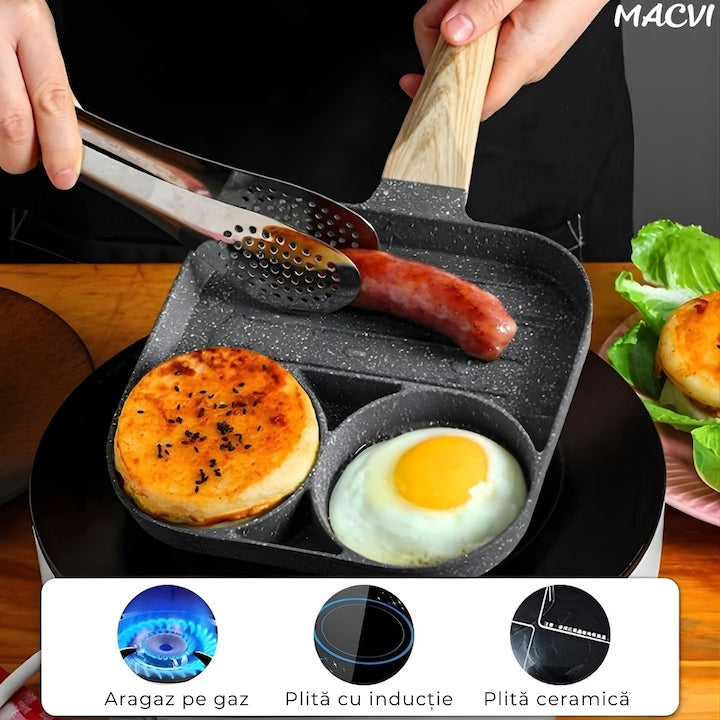 Tigaie Macvi® pentru mic dejun cu 3 gauri aluminiu antiaderent pentru oua burgeri clatite omleta maner ergonomic bachelita pentru aragaz si inductie