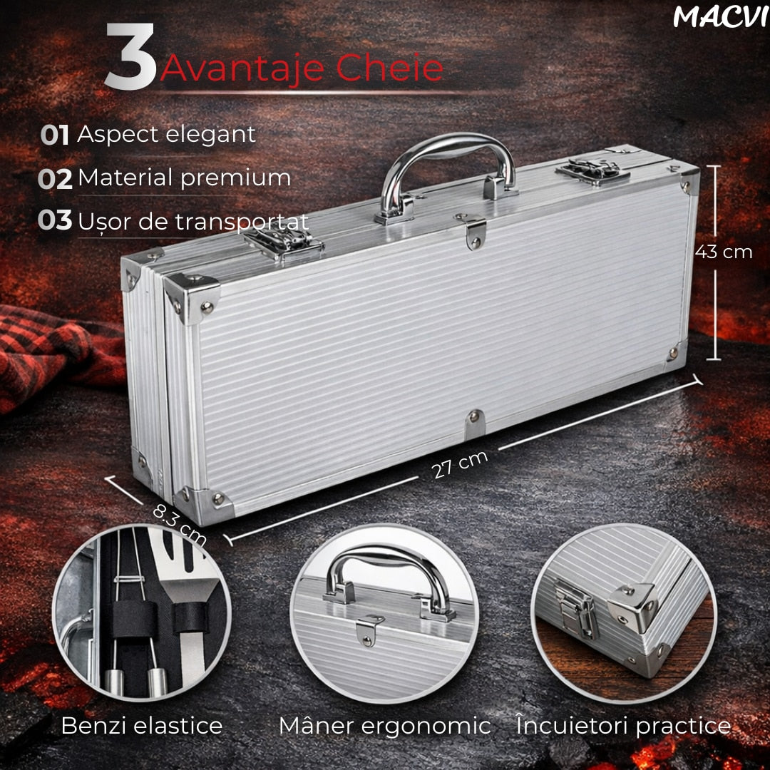 Set accesorii gratar Macvi® 25 piese, otel inoxidabil premium, geanta transport aluminiu captusita 43x27x8cm