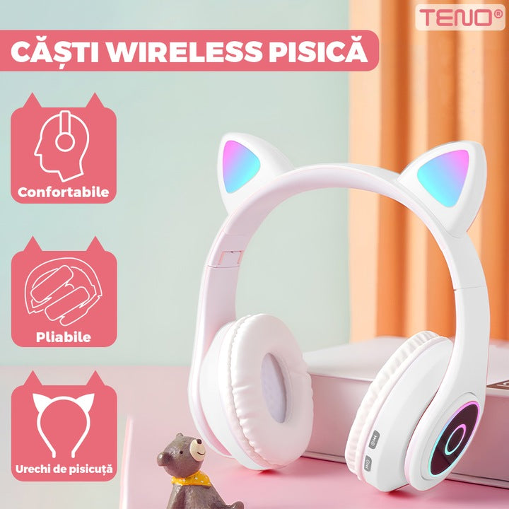 Casti Wireless Model Pisica Teno®, B39, overear, urechi de pisica cu iluminare RGB, bluetooth 5.0, handsfree, HiFi, bass stereo, alb