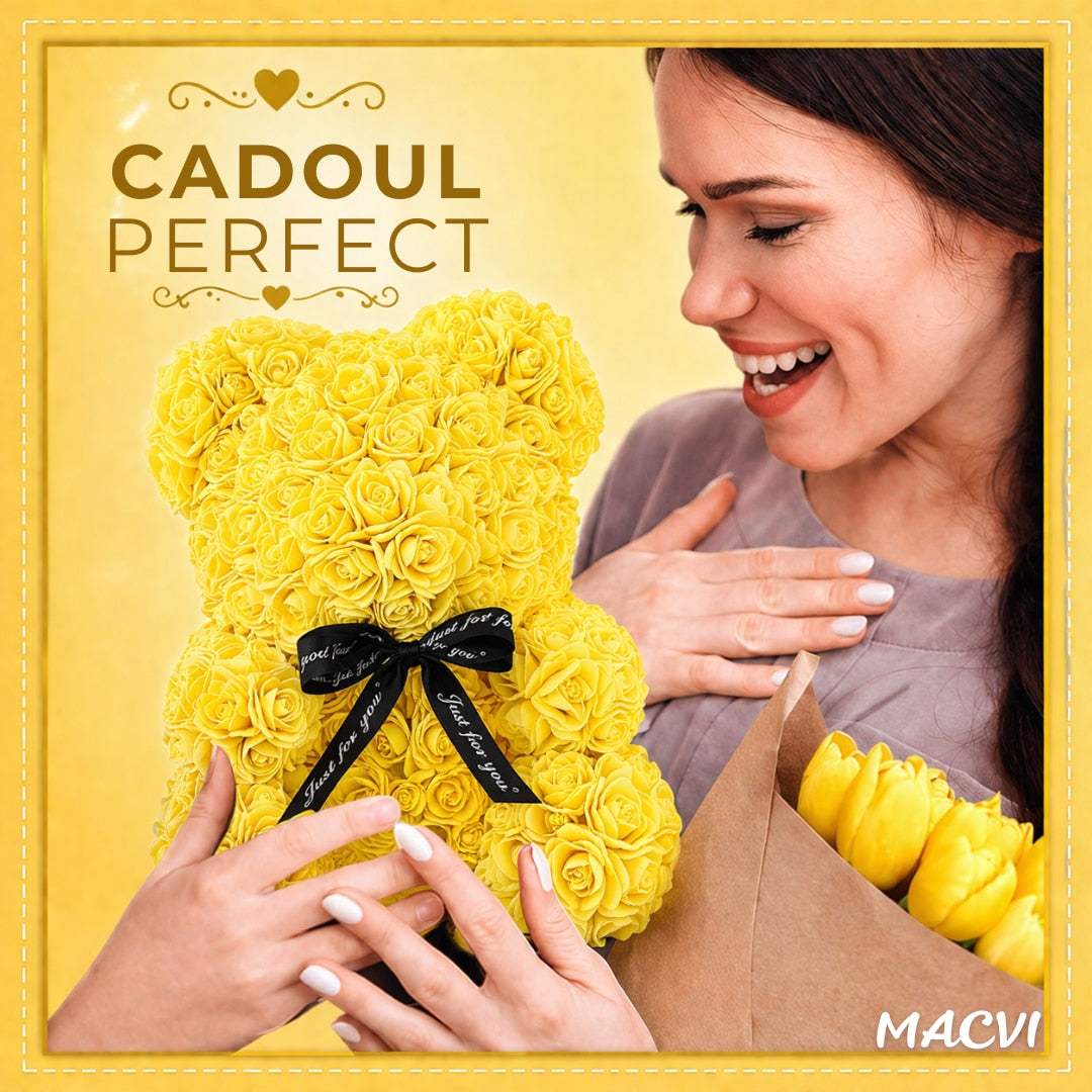 Ursulet Cu Inima Trandafiri Spuma Macvi®, 24 cm, Cutie Cadou Inclusa, Galben, Decor Romantic, Cadou Valentine Aniversare