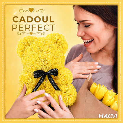 Ursulet Cu Inima Trandafiri Spuma Macvi®, 24 cm, Cutie Cadou Inclusa, Galben, Decor Romantic, Cadou Valentine Aniversare